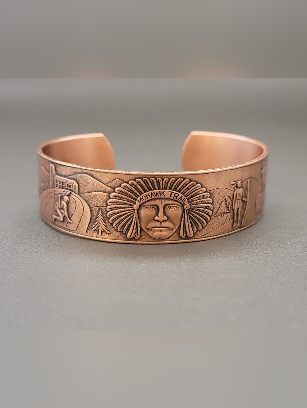Vintage Solid Copper Mohawk Trail Scenic Cuff Bracelet Native American Mountain